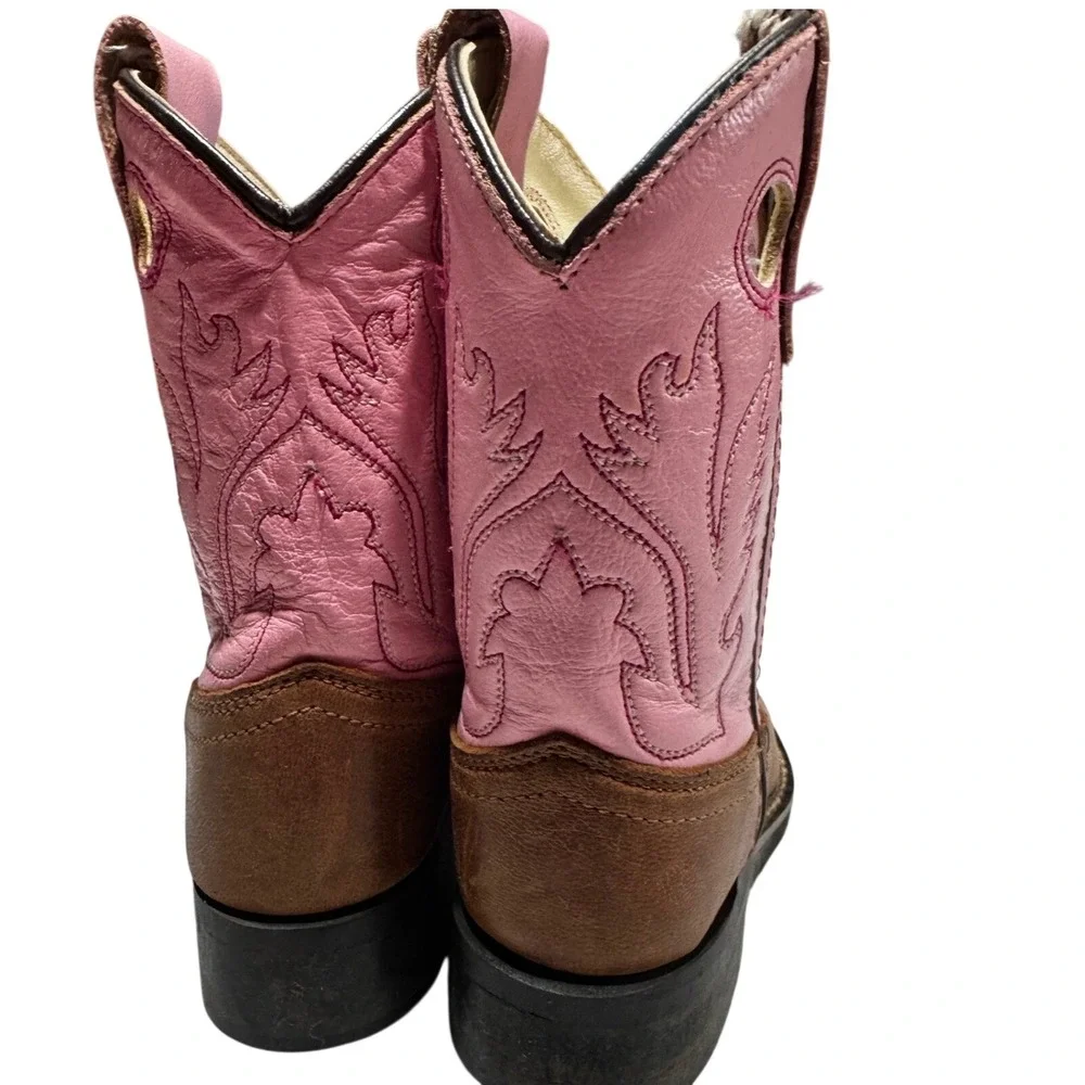 Old West Cowboy Boots Kids Size 6.5 Leather Embroidered Pink Brown